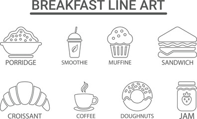Snack Line art vector Icons set, Containing muffine for Popcorn, porridge, smoothie, sandwich, croissant, coffee, doughnuts, jam, Solid vector icons set collection. illustration