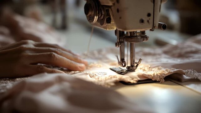 Textile artisan sewing delicate fabric in an Asian workshop during afternoon hours