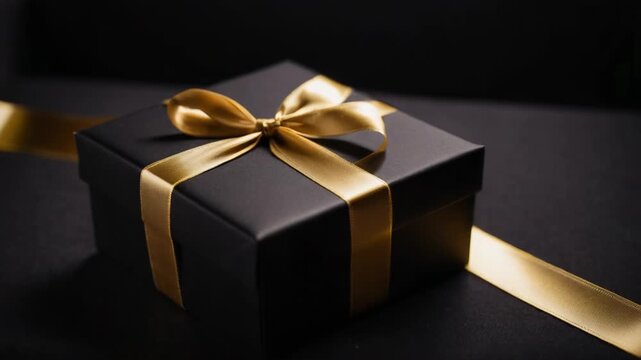 Video A luxurious black gift box tied with a golden ribbon, perfect for special occasions and presentations