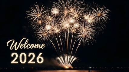 Happy New Year 2026 celebration illustration featuring golden decorations, light sparks, and 3D text. Ideal for web banners, greeting cards and seasonal projects