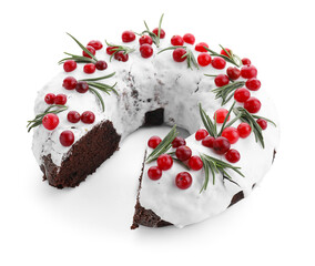 Tasty Christmas cake with cranberries and rosemary isolated on white