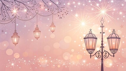 Magical evening with hanging lanterns and twinkling lights