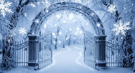 Naklejka premium Enchanting winter wonderland scene with snow-covered trees, glowing snowflakes, and an inviting gate leading to a magical path in the snowy landscape