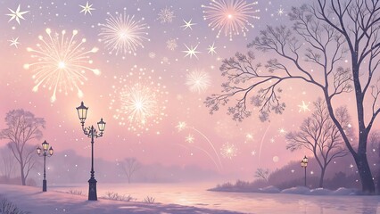 Magical winter night with fireworks and snowy landscape