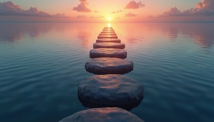 Path of stones across calm ocean towards sunrise. Represents life journey, overcoming challenges, and achieving goals. Dawn light symbolizes new beginnings. Forward movement shows progress.