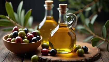 Close up view of assorted olives in wooden bowl next to glass cruets filled with golden oil. Olive branches with green leaves complete composition on rustic table.