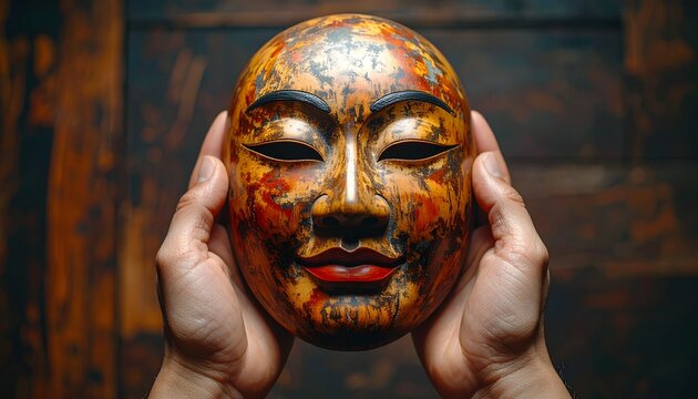 Traditional Japanese Noh Mask Being Held, Close-Up Cultural Art