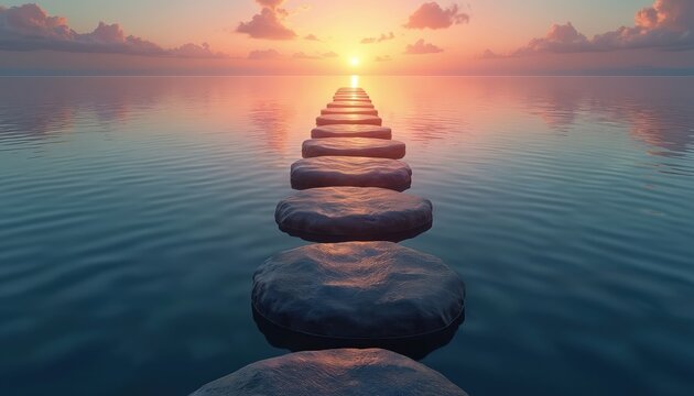 Path of stones across calm ocean towards sunrise. Represents life journey, overcoming challenges, and achieving goals. Dawn light symbolizes new beginnings. Forward movement shows progress.