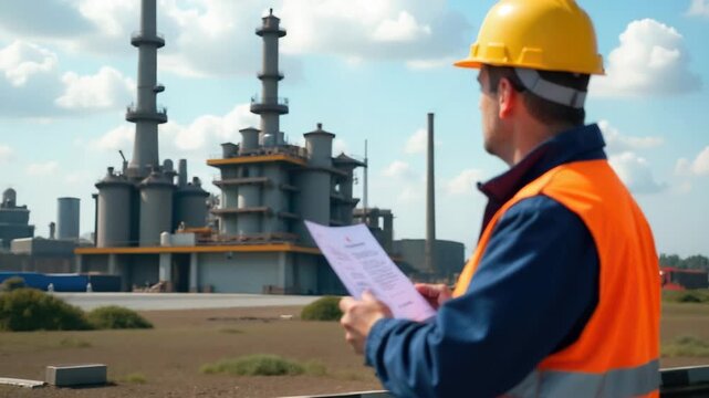 Video A worker or engineer holds a document on site, possibly reviewing plans or specifications