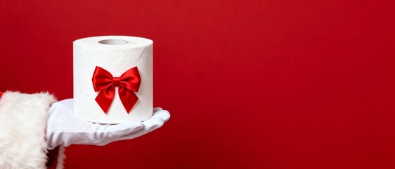 Santa's gloved hand holds a premium white toilet paper roll with red bow on his palm against a rich red background with ample copy space in minimalist composition, for household product marketing, hol