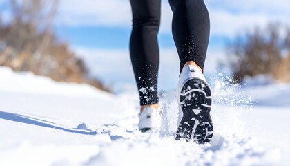 Determined athlete powers through fresh snow during intense winter trail run under bright blue sky
