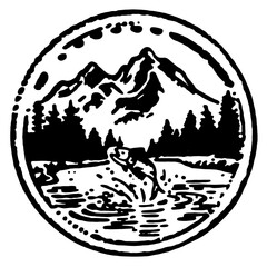 Vector illustration logo of an fish at the lake in circle design with mountains and forest at the background black and white high contrast sticker print design