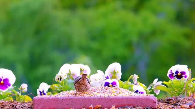 Adorable sparrow bird enjoying delicious birdseed amid vibrant pansies and lush greenery