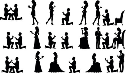 Romantic marriage proposal silhouette collection featuring kneeling man with ring, emotional reactions, formal attire, love gesture, engagement moment