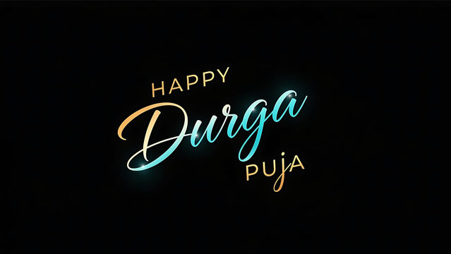 Happy durga puja greeting with glowing text on black background