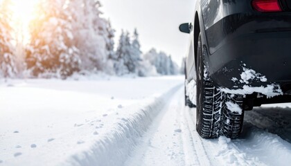 Confident driver navigates snowy winter road with fresh snow tires showcasing excellent traction in bright sunlight