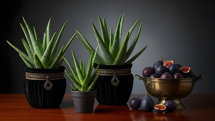 Vibrant green aloe vera plants in decorative pots, with fresh dark plums and figs in a vintage brass bowl on a polished wooden table.
