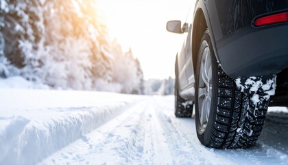 Durable winter tire grips securely on fresh snow driving down a bright, sunlit forest road adventure