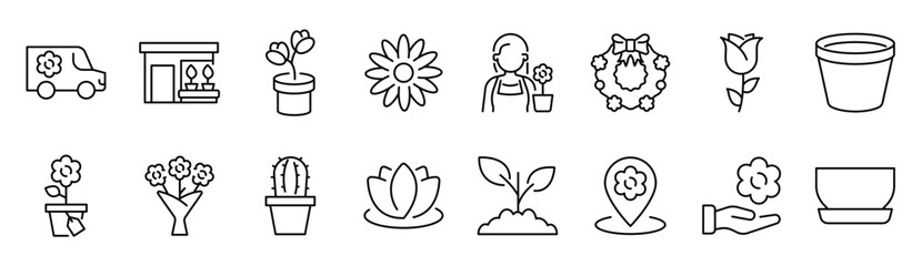 Flower line icon set. Rose, tulip in vase, spring blossom, cactus minimal vector illustration