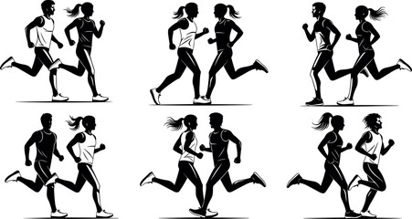 Silhouette vector of running people in motion, athletic fitness activity, jogging exercise, dynamic movement, healthy lifestyle, sport competition illustration