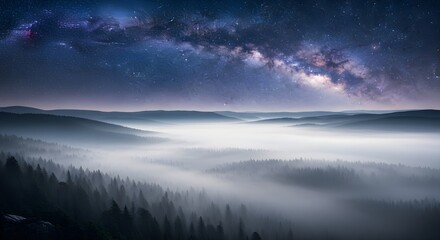 The Milky Way Arching Over a Deep Valley Filled with Thick Fog and Pine Forest Silhouettes at Night