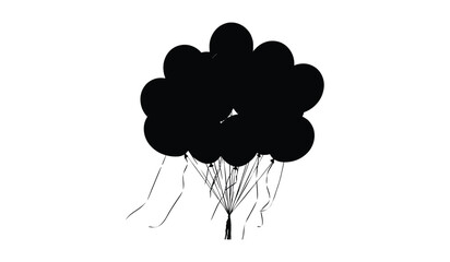 A Bunch of Black Balloons with Ribbons Floating Upwards on a White Background Keywords: balloons, bunch, group, black, dark, floating, flying, up, rising, celebration, party, event, decoration