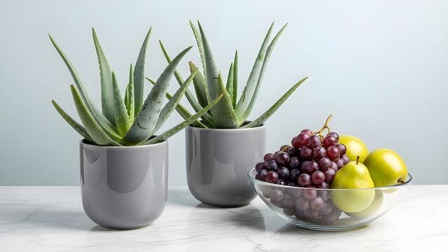 Two potted aloe vera plants and a glass bowl filled with fresh red grapes and green pears on a white marble surface, embodying natural health and home decor - Powered by Adobe