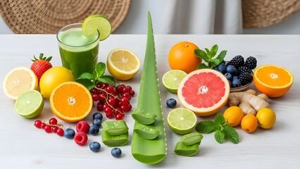 Vibrant array of fresh citrus fruits, berries, aloe vera, and ginger, accompanied by a refreshing green juice, highlighting natural health and wellness ingredients.