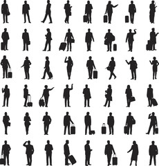 Collection of business people silhouettes standing and walking with luggage, briefcases and bags, showing various professional poses for design use
