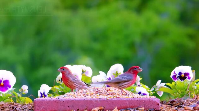 Delightful finches feeding on a sunny day among vibrant pansies in a beautiful garden scene
