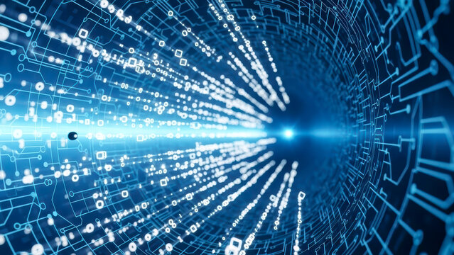 Abstract Digital Tunnel Showcasing a Rapid Stream of Glowing Bits, Bytes, and Circuitry for Information Technology Concepts
