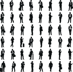 Collection of businessman silhouettes standing, walking and talking with briefcases and luggage, showing various modern corporate poses for design projects