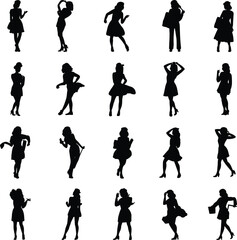 Collection of stylish woman silhouettes in various expressive poses, dancing, walking and standing, showing fashion movement and attitude for design