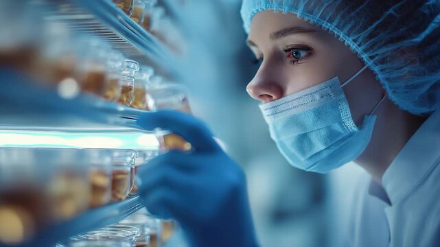 Female medical worker examines test tube containing frozen egg donation in a laboratory setting focused on reproductive health