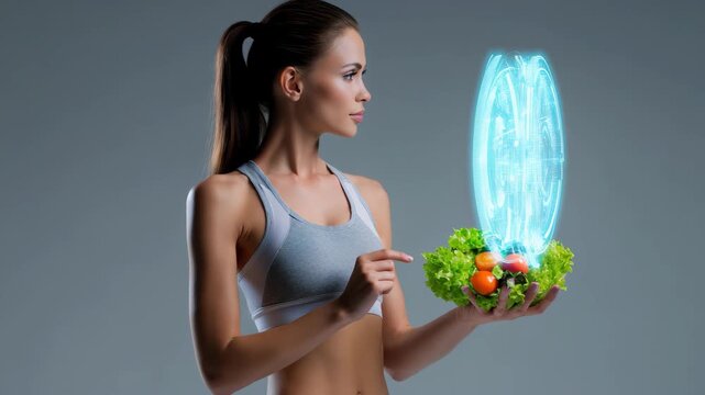 Fit woman interacts with virtual elements showcasing healthy food and nutrition in a modern setting focused on wellness and fitness