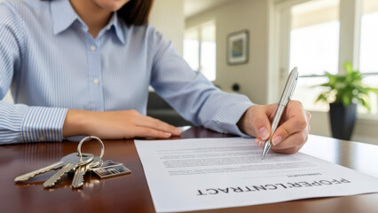 New homeowner finalizing real estate deal, signing property contract with house keys, symbolizing successful ownership and a significant life milestone.