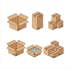 Fototapeta premium Isometric cardboard boxes, open, closed, stacked for delivery Vector