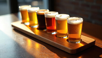 Beer tasting flight with different craft brews on wooden paddle. Assorted sample glasses show styles from light ale to dark stout. This beer selection is on sunny table at brewery ready for tasting.