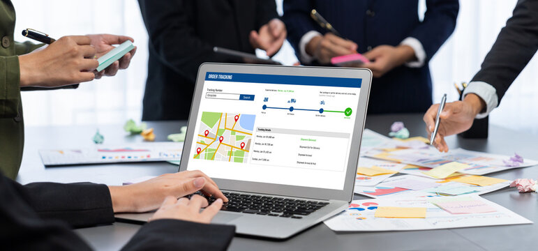 Analyst team use sticky note for creative and analytic brainstorm for business idea with BI data dashboard on laptop screen. Analysis financial data visualization tech for marketing strategy. Prodigy