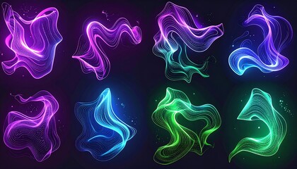 A collection of eight abstract illustrations, featuring swirling, glowing lines and shapes in a spectrum of vibrant colors against a dark background