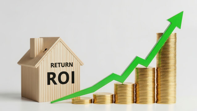 Wooden house labeled ROI representing property investment growth, with stacked gold coins and a green upward arrow indicating increasing financial returns.