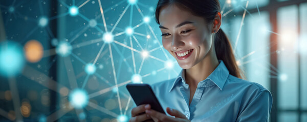 Young Asian business woman uses mobile phone. Smiles happily, interacting with future tech solutions. Digital network connection surrounds. Global internet, wireless connectivity for modern