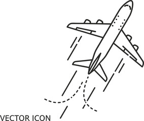 Stylized airplane vector icon showing dynamic flight path with dashed route lines for travel, aviation, and transportation themes
