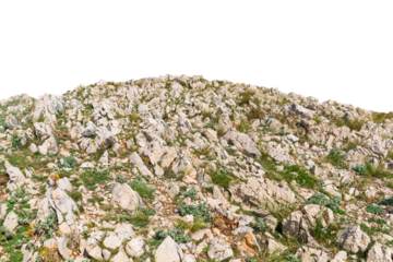 Rocky hill terrain with sparse vegetation. Isolated object.
