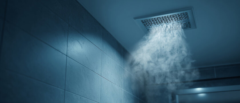 Close-up of steam rising from a ceiling-mounted bathroom exhaust fan in a tiled shower area with cool blue lighting