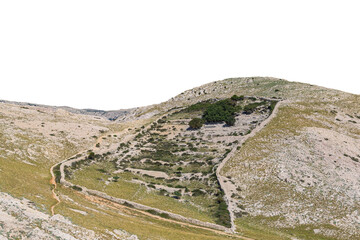 Mountain pathway on rocky hillside with sparse vegetation. Isolated object.