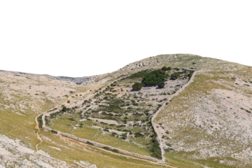 Mountain pathway on rocky hillside with sparse vegetation. Isolated object.