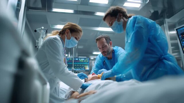 Healthcare professionals assist a patient in a modern hospital setting during a critical care procedure in a well-equipped treatment room