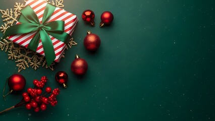 A festive composition features Christmas decorations, a wrapped gift, and baubles on a rich, deep-green background, creating a cozy and inviting holiday scene.