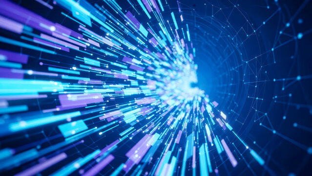 A stream of bits and bytes flowing through a vibrant blue digital tunnel, representing rapid information technology and data transfer.